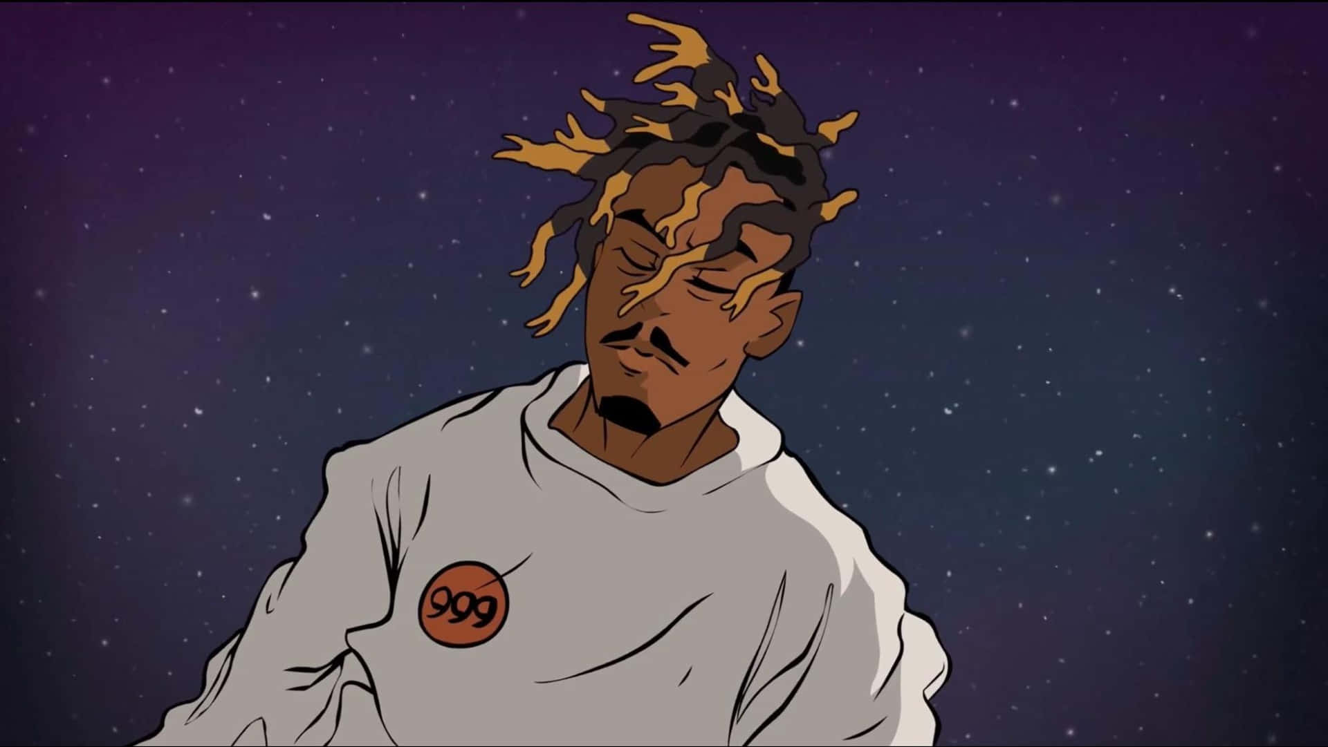 動畫角色，火焰頭髮和連帽衫，站在星空夜空下。 — Juice Wrld 壁紙