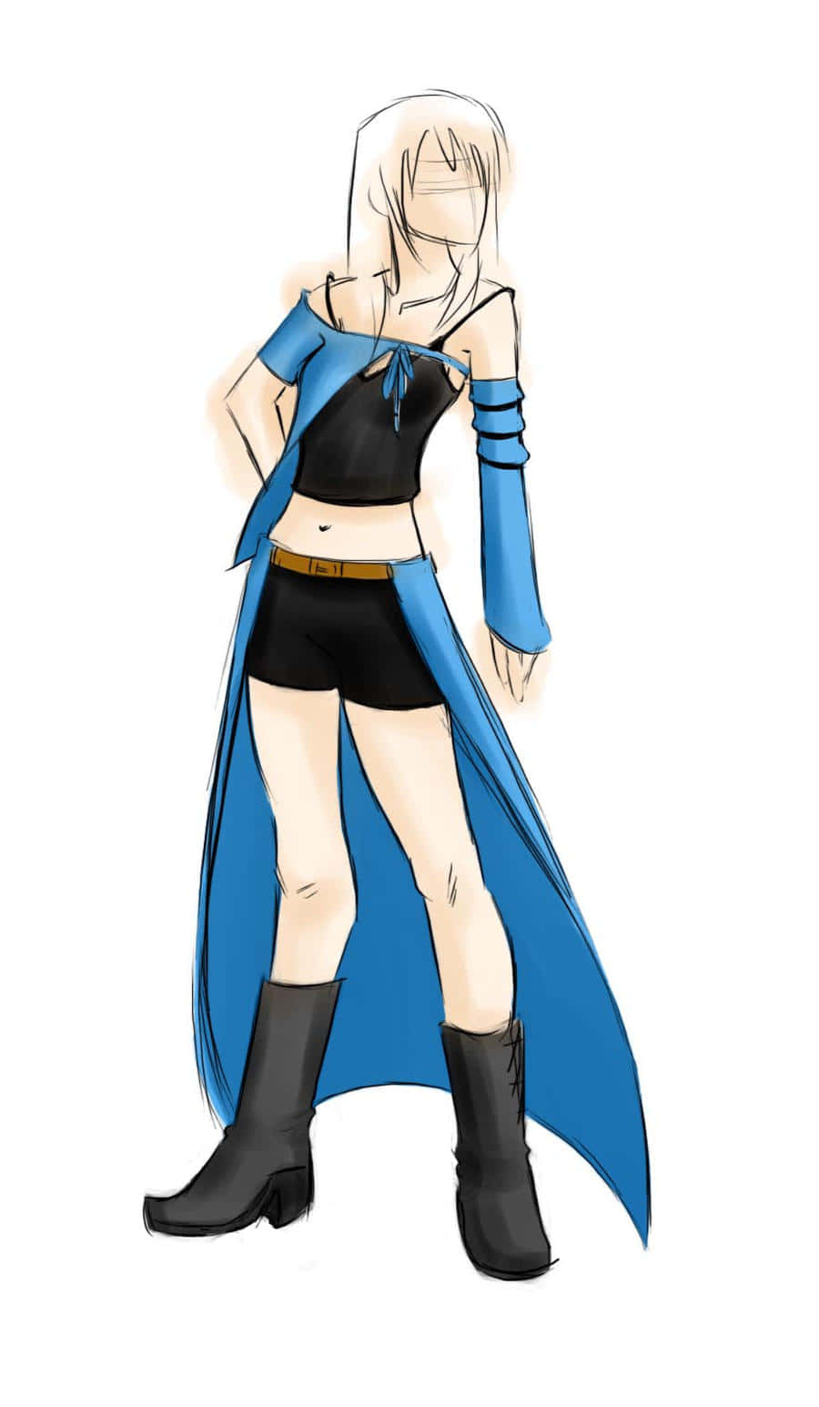 Rinoa Heartilly 桌布 壁紙 — 一個風格化的動漫角色，金髮，穿著藍色斗篷、黑色上衣、短褲和靴子，站在純白色背景前。