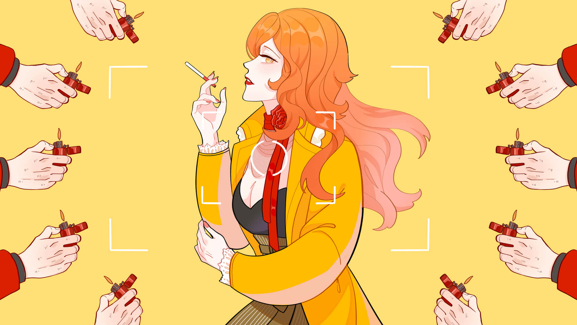  壁紙 — 一個風格化的動漫女性，橙色頭髮，穿著黃色外套，手持香煙，周圍是拿著打火機的手，背景為純黃色。