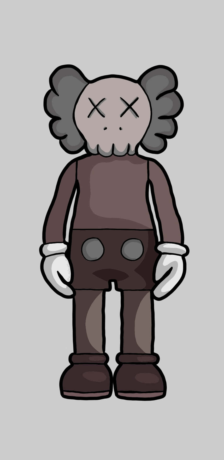 一個有X形眼睛和灰色頭髮、穿著棕色衣服的卡通角色。 — Kaws 壁紙