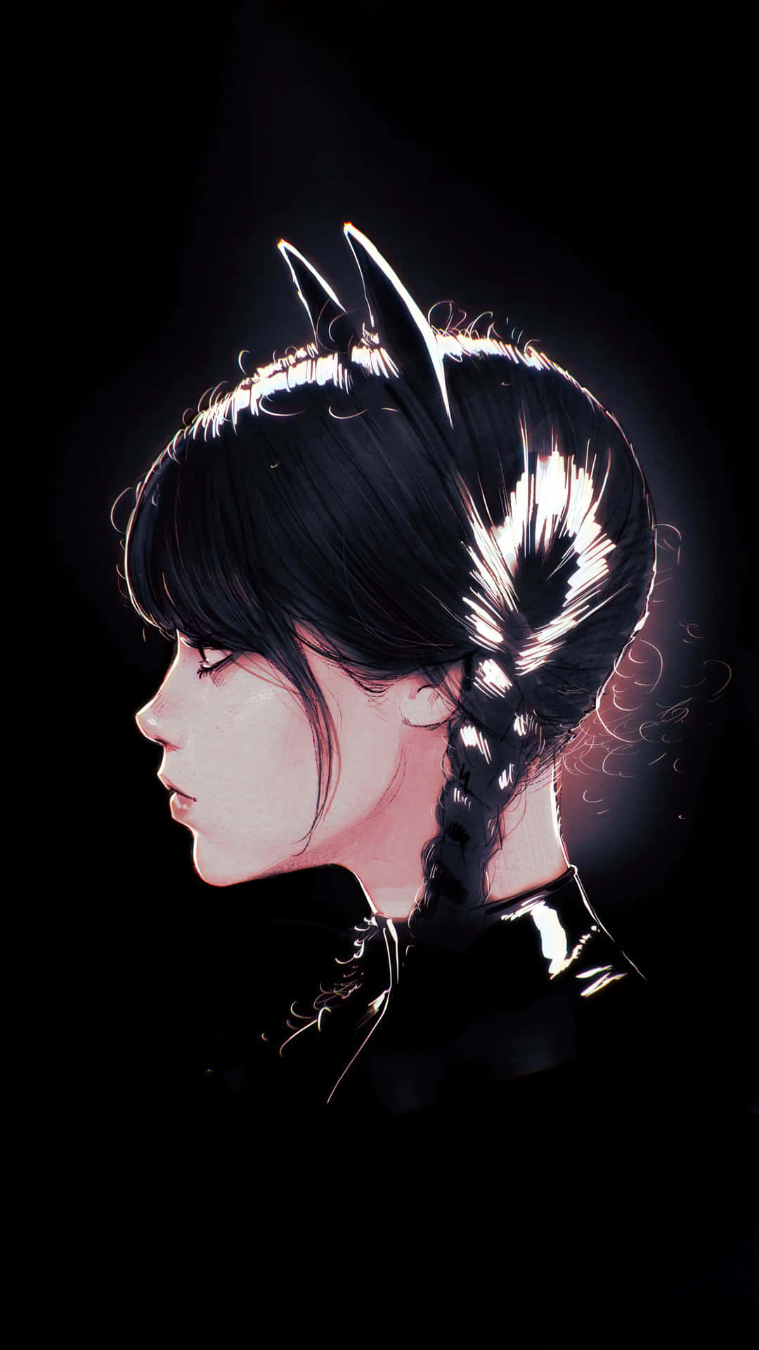  壁紙 — 一個風格化的動漫女孩，擁有貓耳和辮子頭髮，在黑暗背景中柔和地發光。