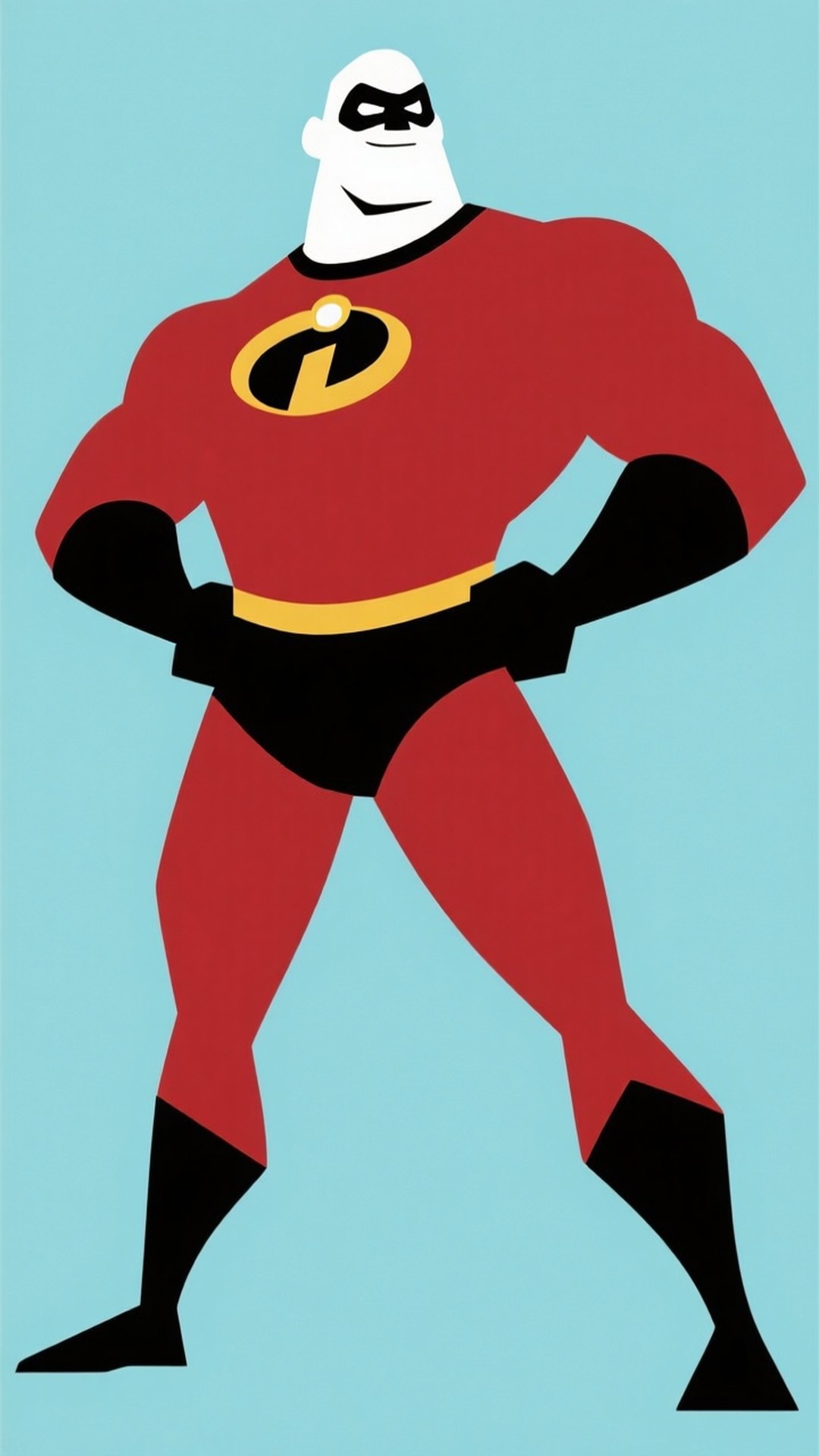 Minimalist Hero 壁紙 — 一個風格化的卡通超級英雄，戴著白色面具和紅色套裝，自信地站在淺藍色背景前。
