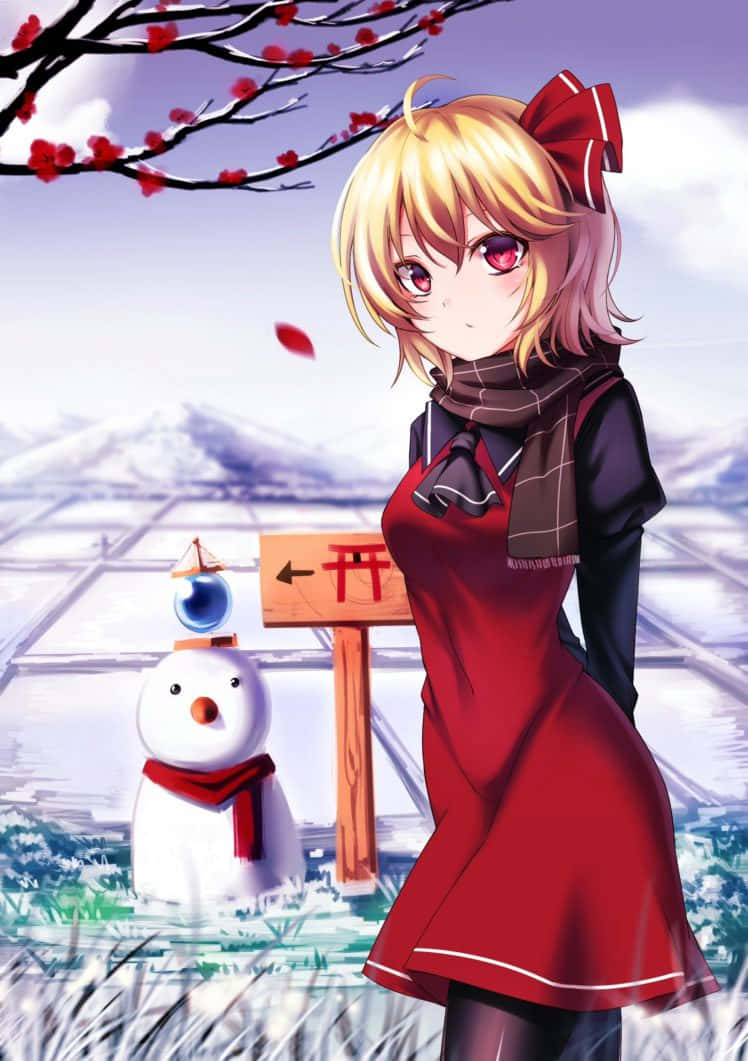  壁紙 — 一個金髮動漫女孩穿著紅色連衣裙，站在雪人旁邊，櫻花枝條下，在雪地裡。