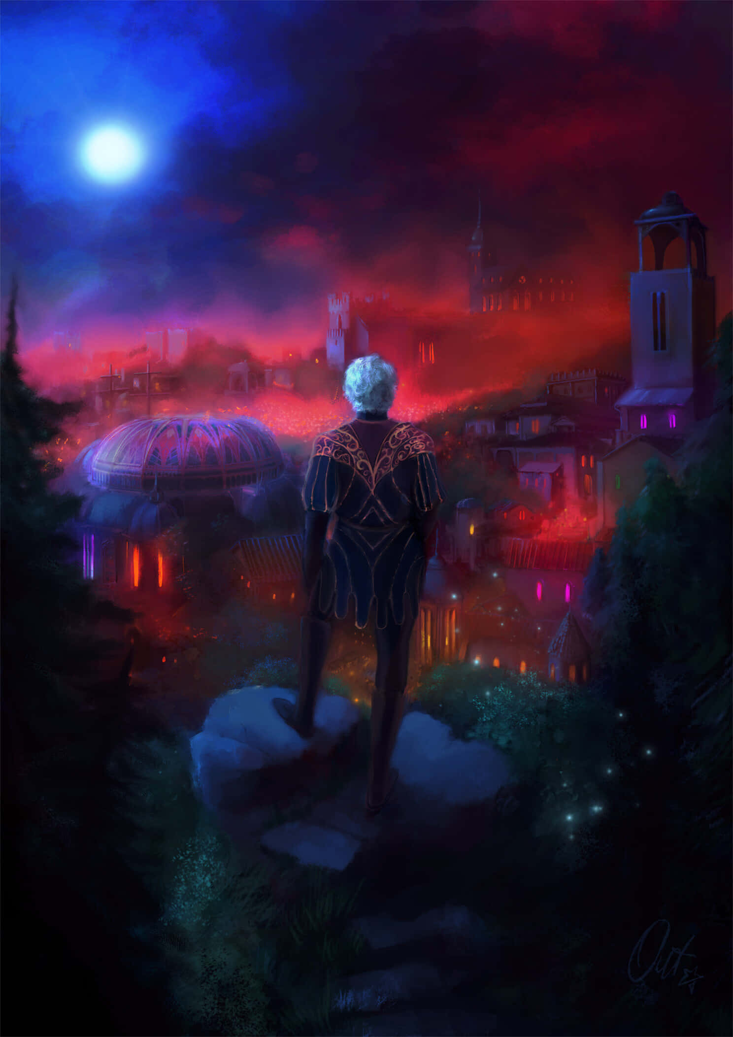 Baldur's Gate 3 Phone 桌布 壁紙 — 一個孤獨的白髮人物站在長滿青苔的懸崖上，俯瞰著在明亮月亮下閃耀著紅色和藍色的幻想城市。