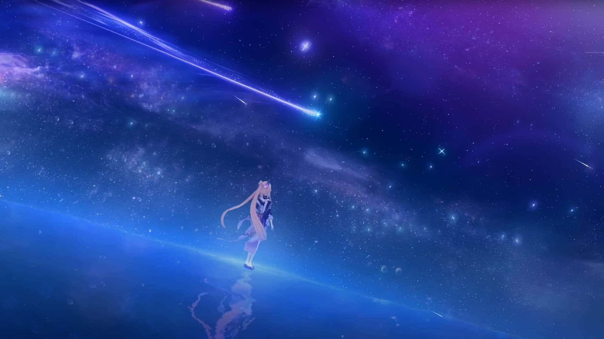  壁紙 — 一個孤獨的長髮動漫女孩優雅地漂浮在發光的宇宙平面上，下方是充滿流星和璀璨星空的夜空。
