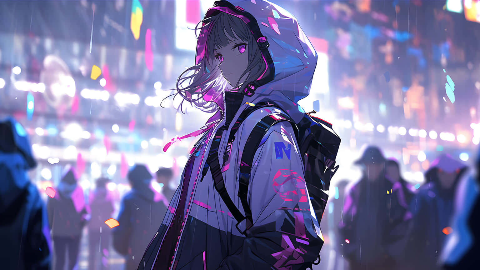  壁紙 — 一個孤獨的動漫女孩穿著連帽外套，站在霓虹燈閃爍、雨水浸濕的城市街道上，夜晚有發光的燈光和模糊的行人。