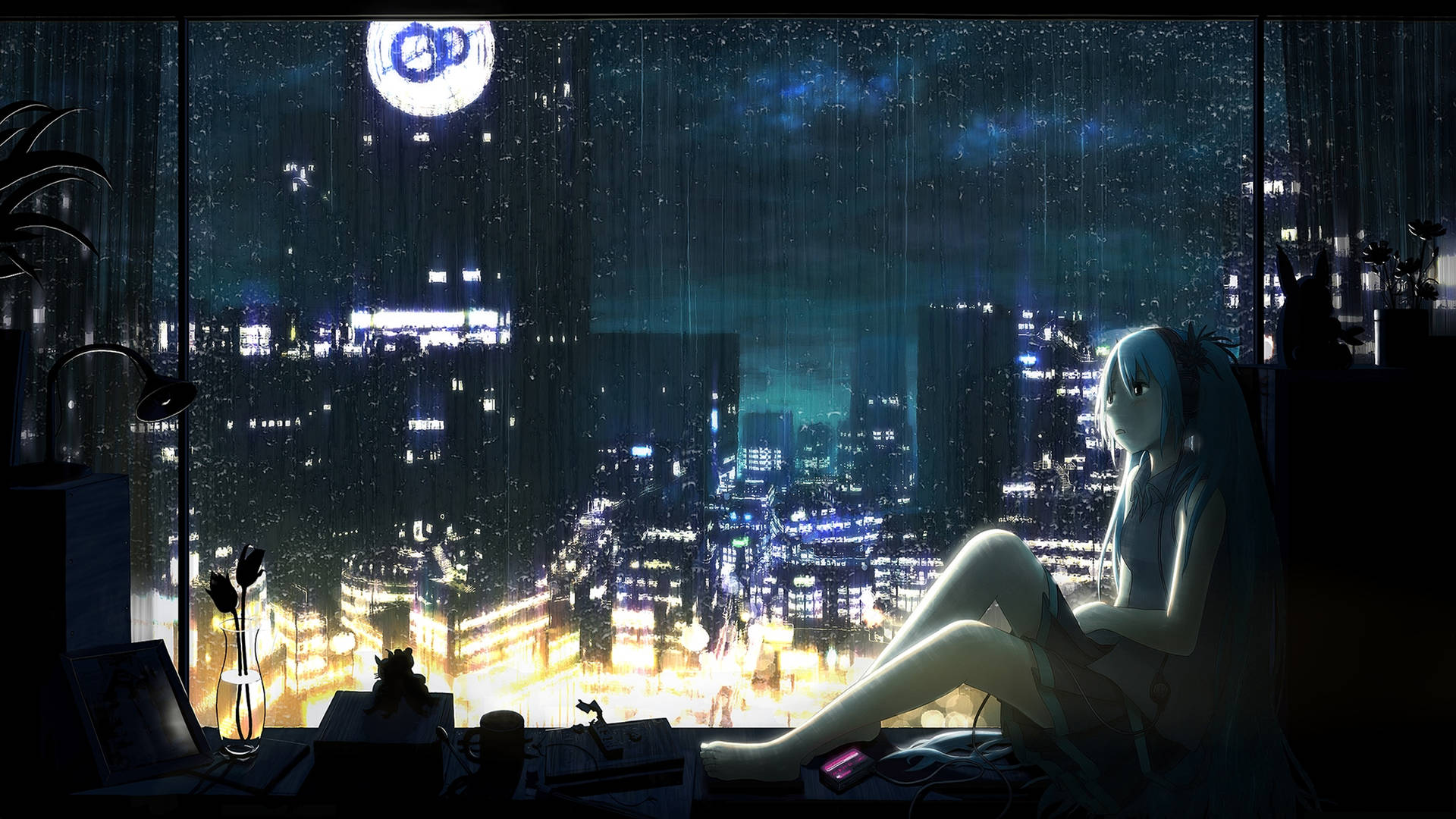 動漫女孩坐在窗邊觀看雨夜霓虹城市 — 4K 壁紙