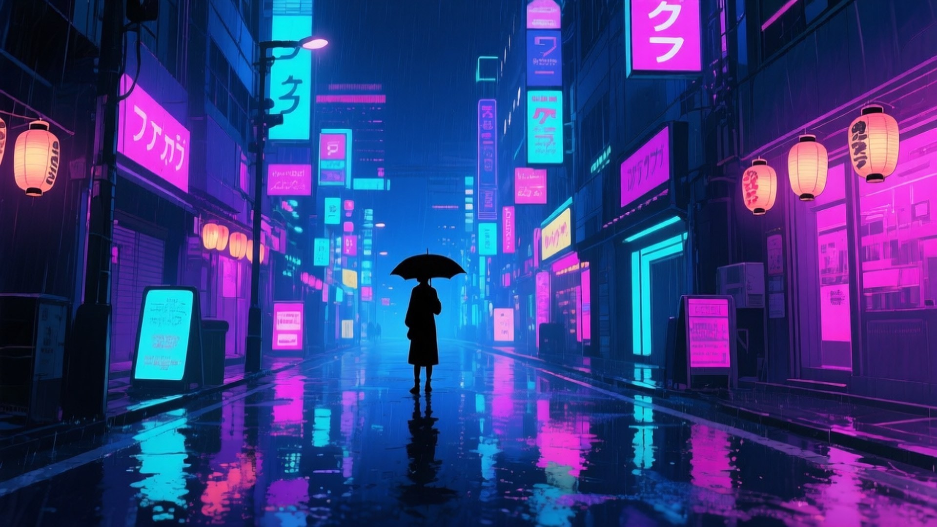 Neon Rain City 壁紙 — 一個孤獨的身影撐著傘，走在雨濕的霓虹燈光 cyberpunk 街道上，反射出鮮豔的粉紅和藍色燈光。