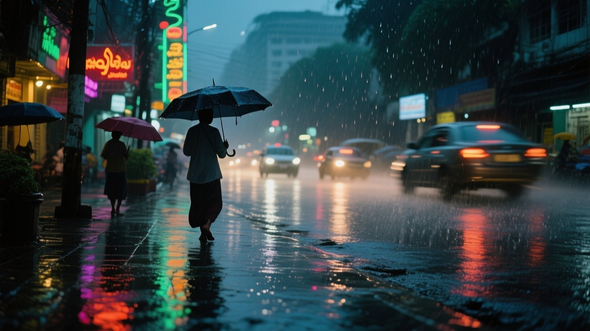 Rainy Yangon Street 壁紙 — 一個孤獨的身影撐著傘，走過霓虹燈照亮、雨水浸濕的城市街道，汽車帶著發光的尾燈滑過。
