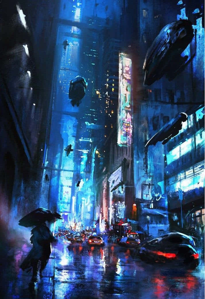  壁紙 — 一個孤獨的身影撐著傘，走在雨水浸濕、霓虹閃爍的賽博龐克城市街道上，飛天汽車在高聳的摩天大樓之間滑行。