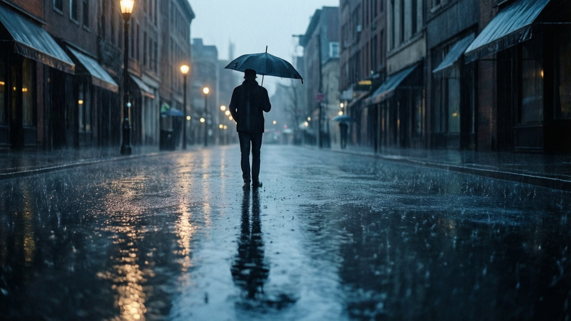 April Showers Preview 壁紙 — 一個孤獨的身影撐著雨傘，在黃昏時分沿著被雨水浸濕的城市街道行走，發光的街燈映照在潮濕的路面上。