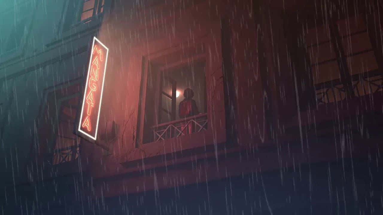 夜晚，在發光漫畫招牌下，一個人影透過雨淋窗戶向外看。 — Lofi 壁紙