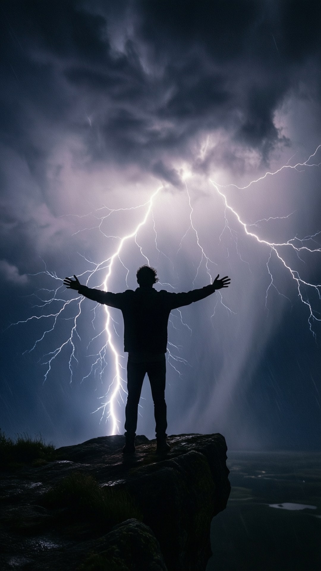 Figure in Storm 壁紙 — 一個孤獨的身影站在懸崖上，張開雙臂，多道閃電照亮了暴風雨的夜空。