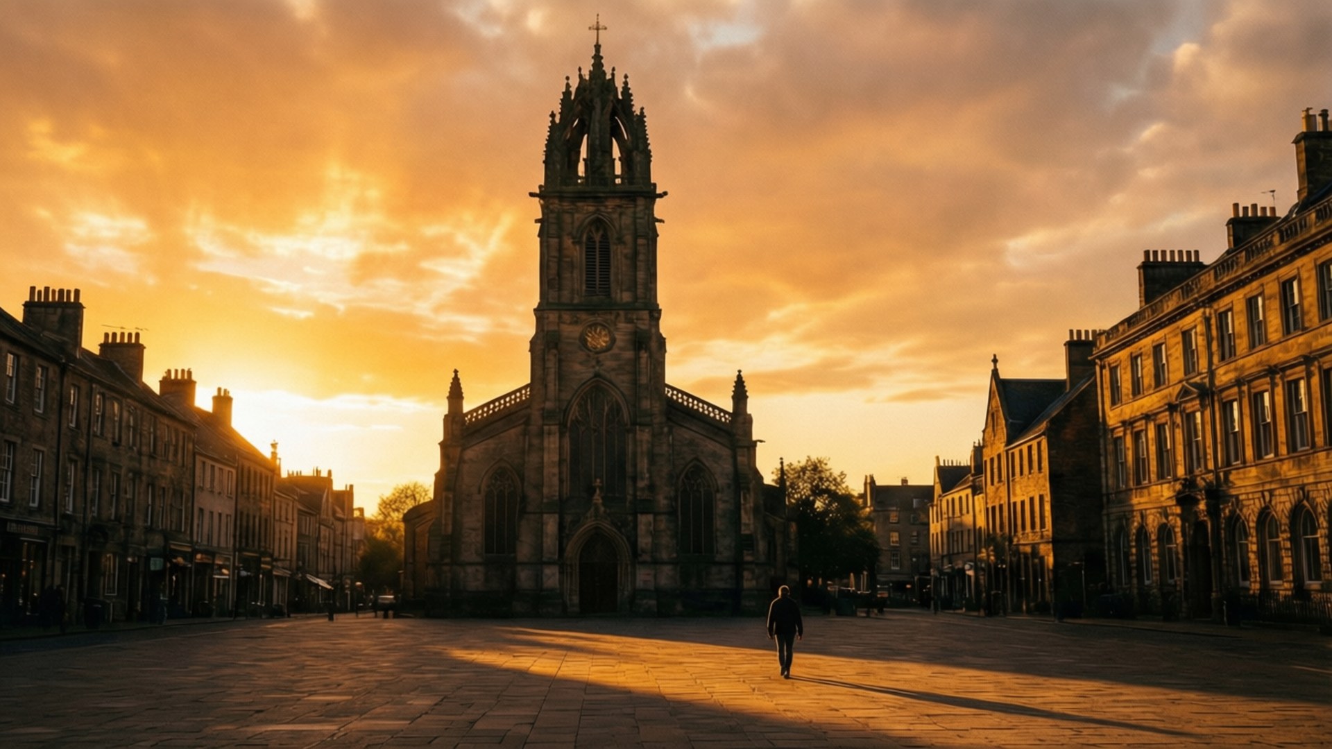 Golden Hour at Tyn Church 壁紙 — 一個孤獨的身影走過陽光照耀的石頭廣場，走向一座宏偉的哥德式教堂，金色的夕陽灑在歷史建築上。