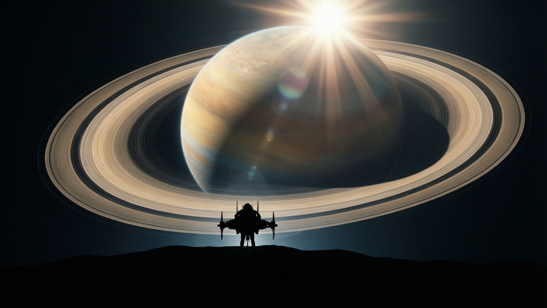 Silhouette and Rings 壁紙 — 一個孤獨的太空人站在黑暗行星的表面，仰望一個巨大的環狀氣體巨星，背後有燦爛的太陽照耀。