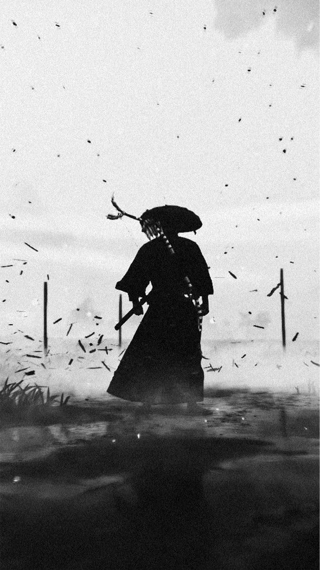 武士戰士在黑白飛舞的碎片中手持雨傘涉水而行。 — 動漫 壁紙