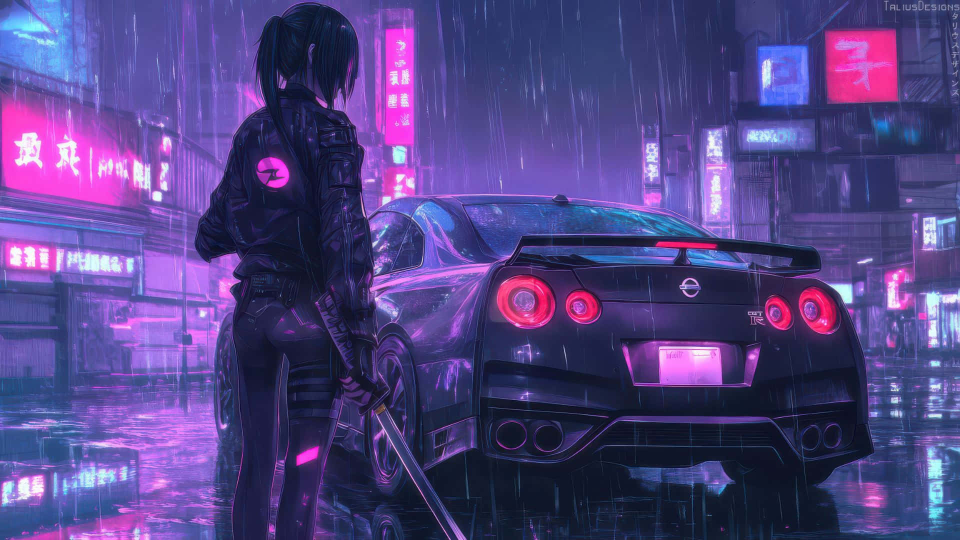  壁紙 — 一個孤獨的動漫女孩拿著劍，站在霓虹雨中的發光黑色跑車旁，背景是賽博龐克城市景觀。