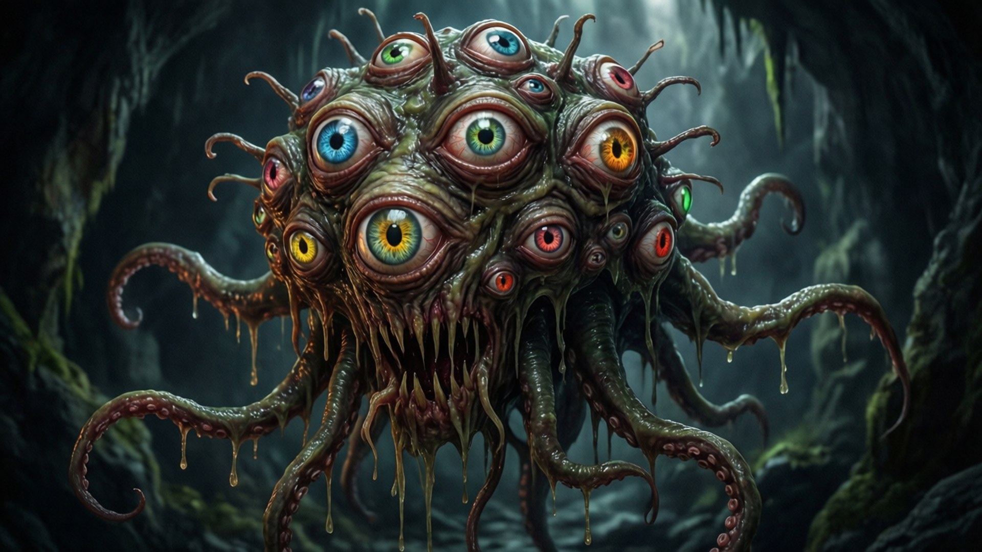 Eye Tyrant 壁紙 — 一個怪異的多眼外星生物，滴著觸手，從黑暗的苔蘚洞穴中出現。