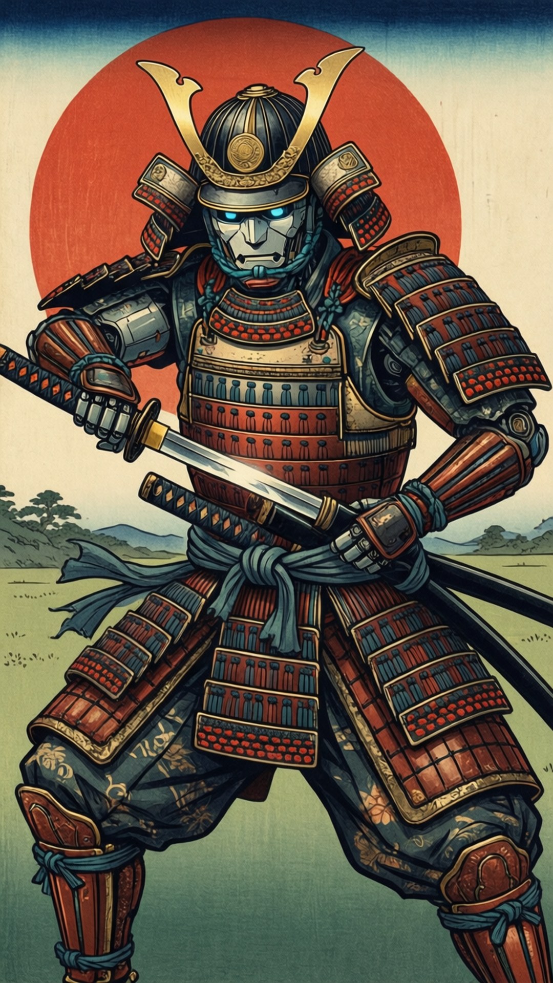 機械武士身穿紅金盔甲，在紅日下手持武士刀 — 安卓 壁紙