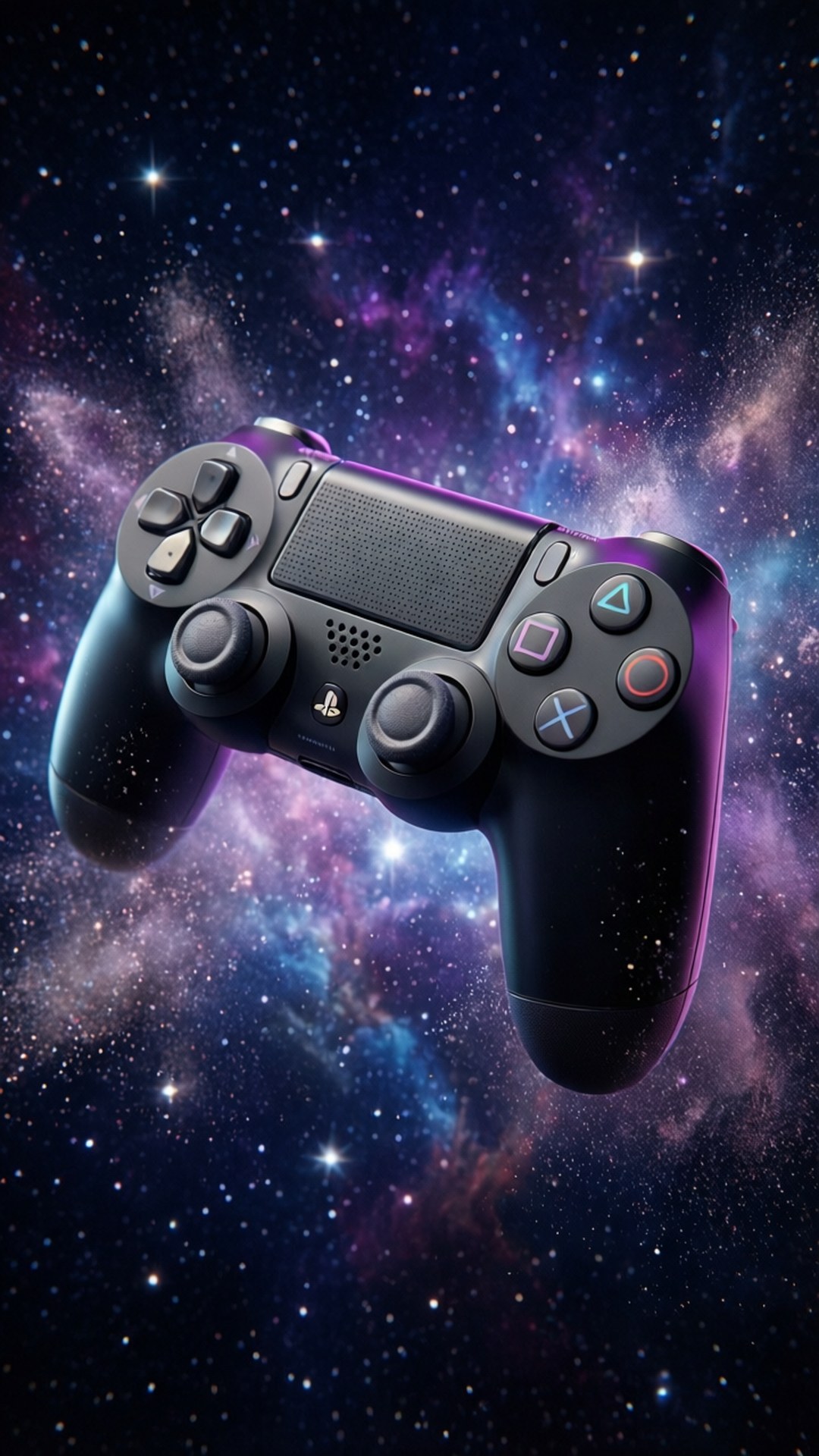 Cosmic Controller 壁紙 — 一個黑色PlayStation手把漂浮在充滿紫色、藍色和粉紅色星雲及閃爍星星的鮮豔宇宙背景前。