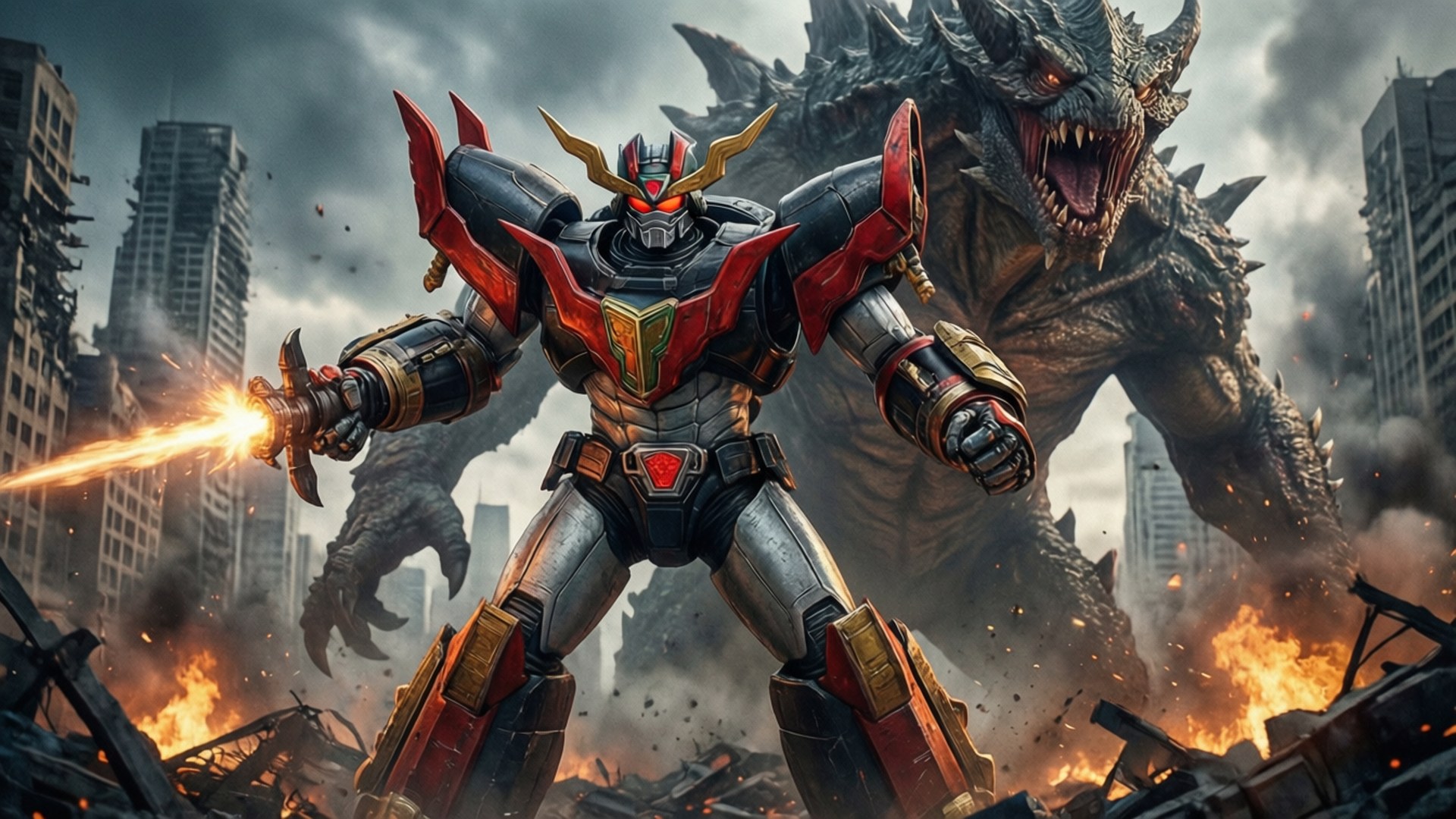 Megazord City Battle 壁紙 — 一個紅黑裝甲機器人在燃燒的城市景觀中向咆哮的巨型怪物發射光束武器。
