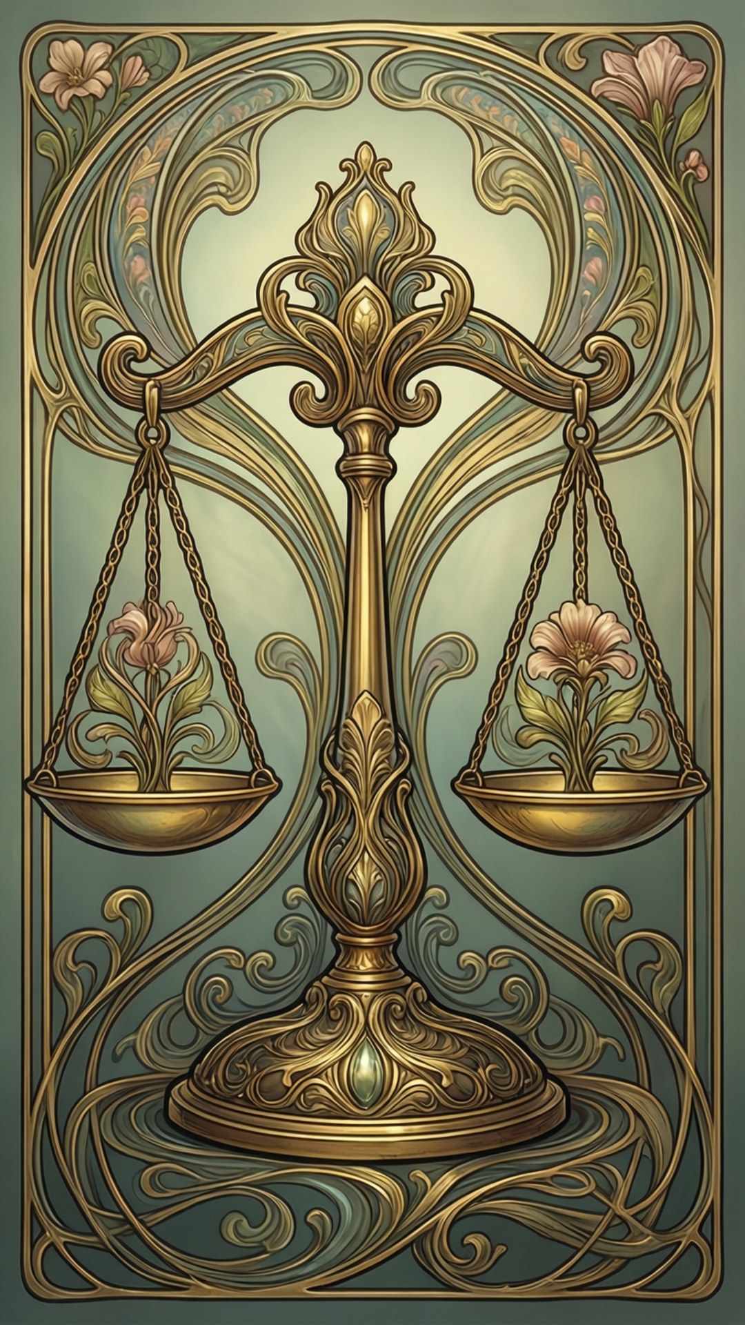 Art Nouveau Libra 壁紙 — 一個華麗的金色天秤，帶有花卉圖案的秤盤，置於漩渦狀新藝術風格圖案和柔和青綠色背景上。