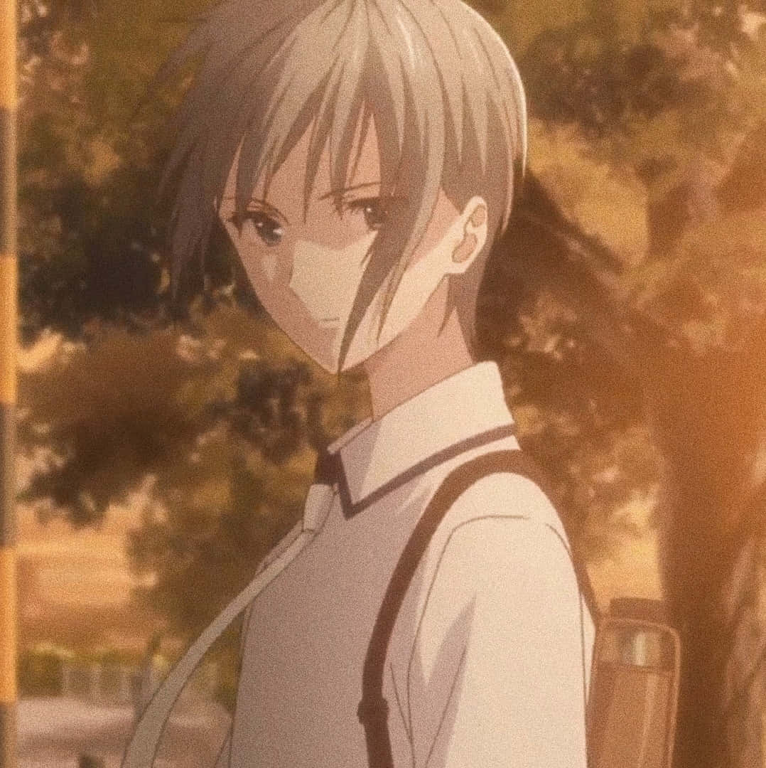  壁紙 — 一個灰髮、身穿白襯衫的年輕動漫男孩，站在溫暖的金色陽光中，陽光穿過秋天的樹木灑落下來。