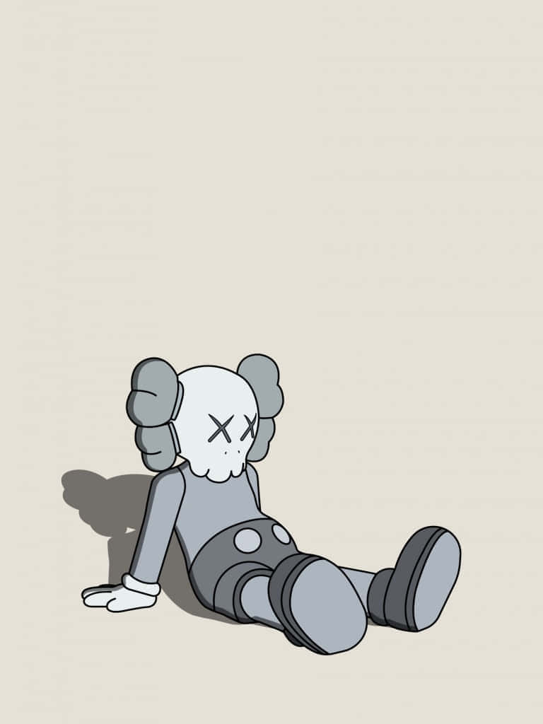 灰色卡通人物，眼睛呈X形，坐在米色背景上。 — Kaws 壁紙