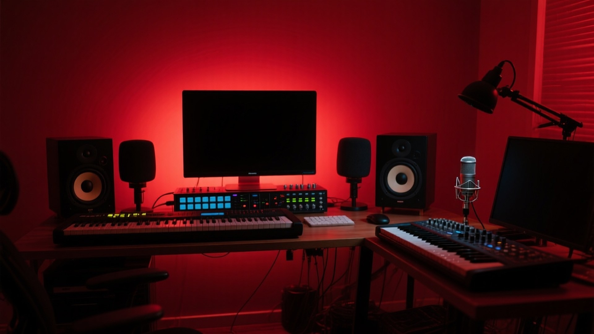 Music Producer's Desk 壁紙 — 一個昏暗的音樂工作室沐浴在紅光中，有兩個鍵盤、揚聲器、一個麥克風和發光的音頻設備放在木桌上。