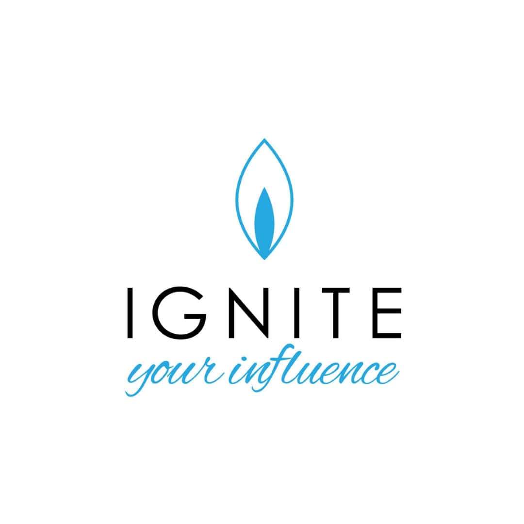  壁紙 — 一個極簡標誌，藍色火焰圖示位於粗體黑色文字 ignite 上方，下方有藍色斜體文字 your influence。
