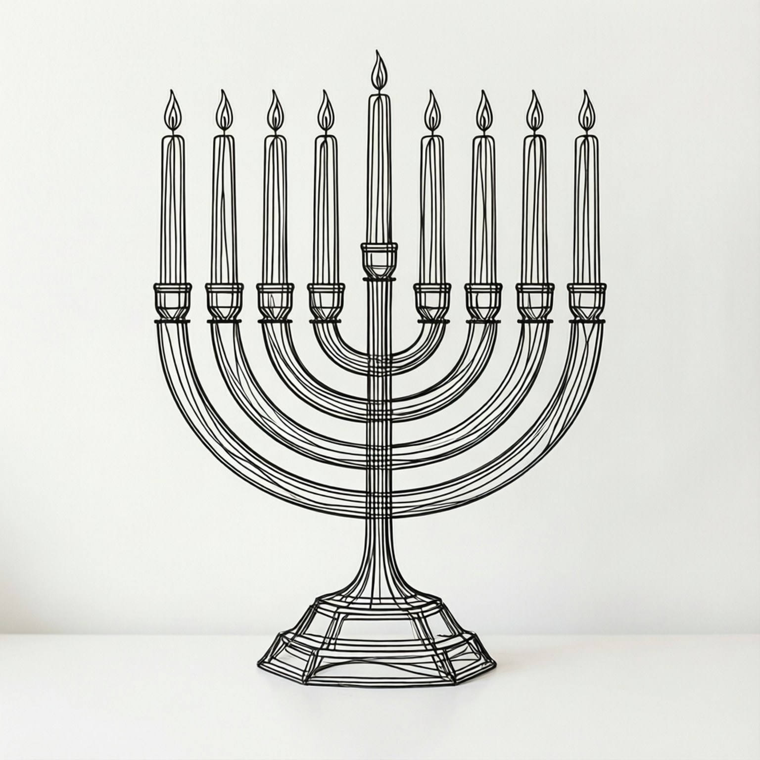 Line Art Menorah 壁紙 — 一個極簡風格的黑色金屬線燭台，上面有九根點燃的蠟燭，置於純白色背景中央。