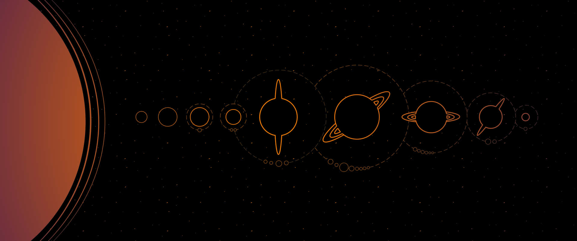 極簡線條繪畫，描繪行星在太空中運行，左側有一個大型橙色行星。 — Oled 壁紙