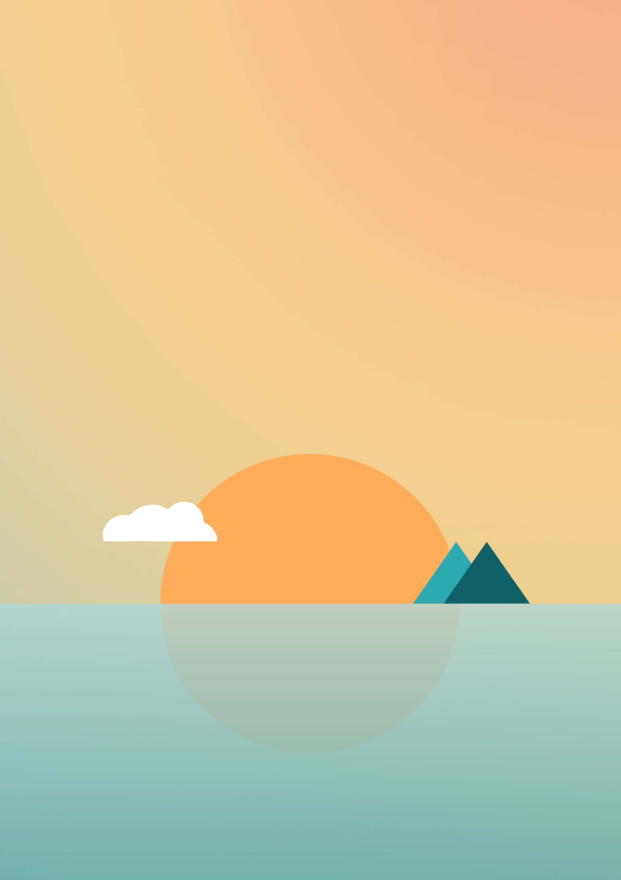 Minimalist Geometric 桌布 壁紙 — 一個極簡主義的日落，一個大橙色太陽部分隱藏在藍綠色山脈和一朵白雲後面，下面是平靜的藍綠色水面。