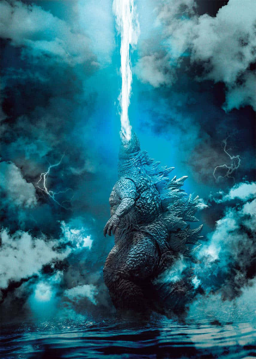  壁紙 — 哥吉拉從暴風雨的海水中出現，穿過烏雲和閃電釋放出強大的光束。
