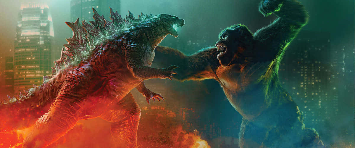 Godzilla X Kong The New Empire 桌布 壁紙 — 哥吉拉和金剛在熾熱的城市戰場中對決，身後高聳的摩天大樓正在崩塌。