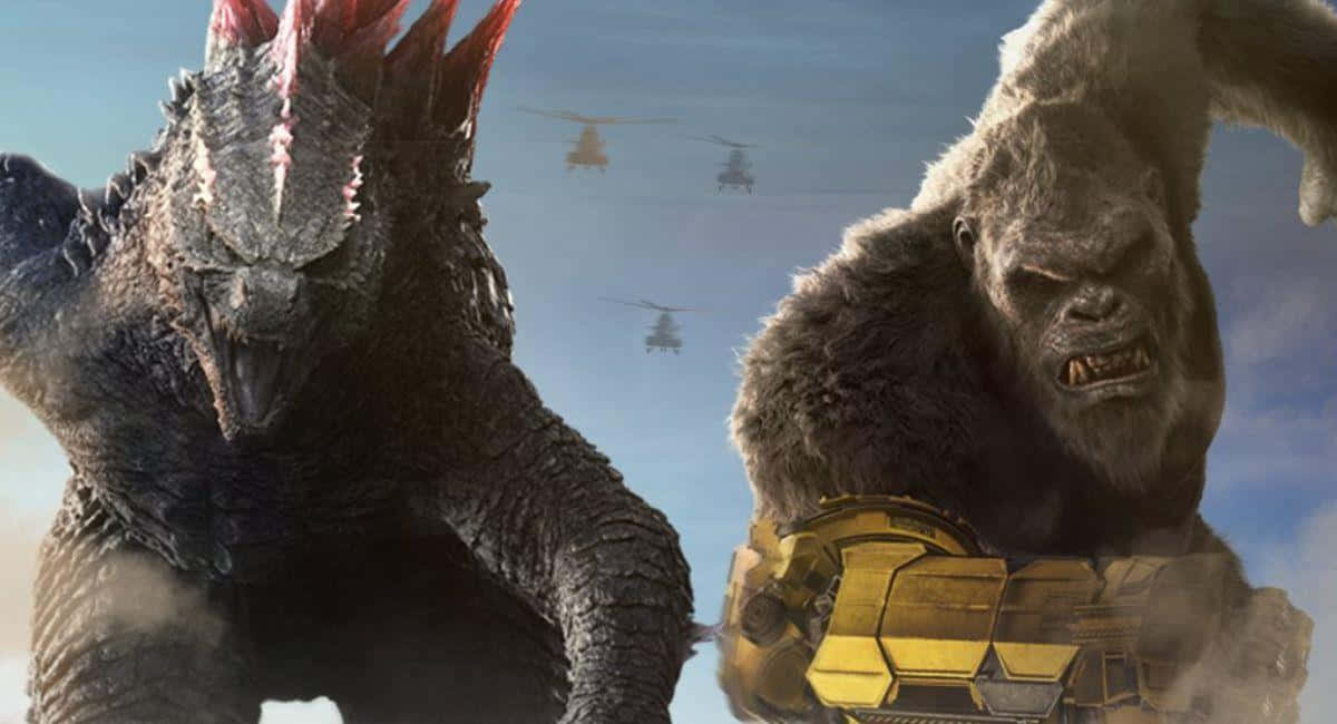 Godzilla X Kong The New Empire 桌布 壁紙 — 哥吉拉和金剛在明亮的天空下，直升機飛過頭頂，展開一場電影般的戰鬥。