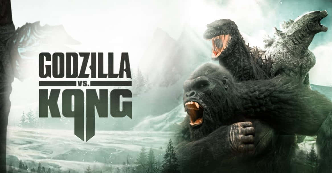 Godzilla X Kong The New Empire 桌布 壁紙 — 哥吉拉與金剛在積雪的山脈和松樹林中，在陰天之下進行史詩般的戰鬥並咆哮。