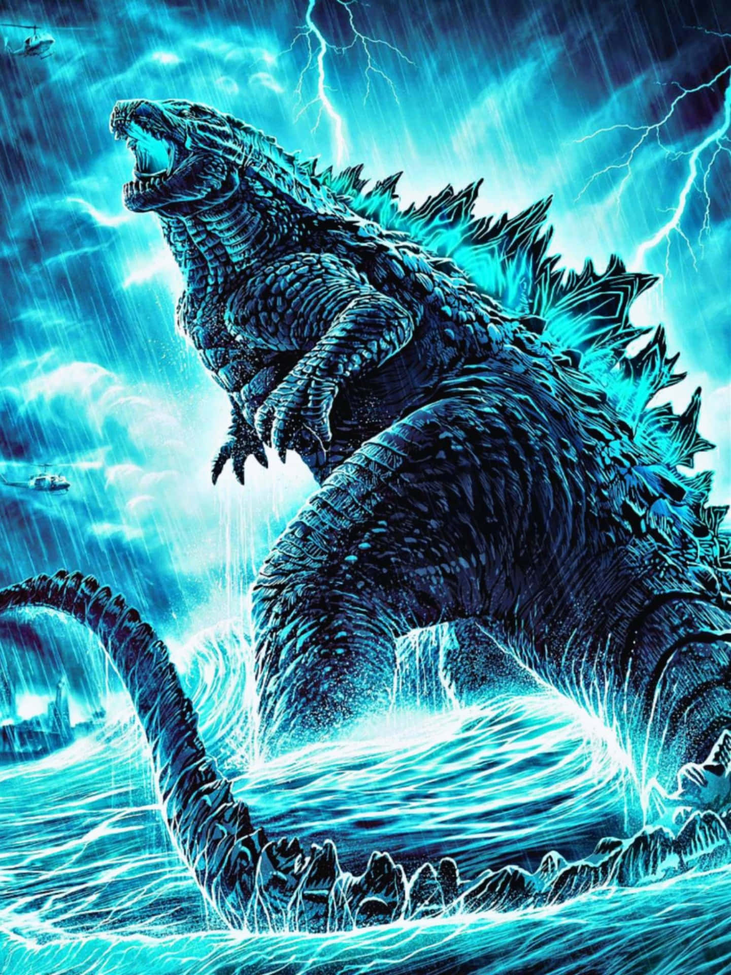  壁紙 — 哥吉拉在暴風雨的海浪中咆哮，伴隨著電光藍色的閃電和雨水，遠處有直升機逃離。