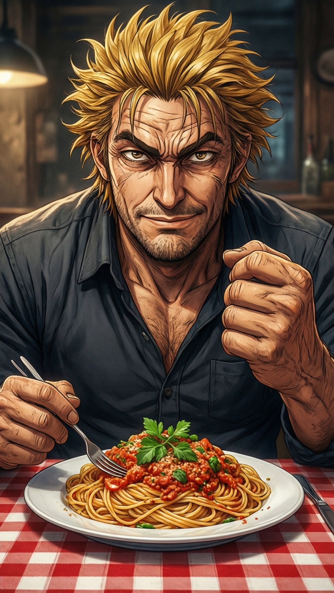 Aldini's Pride 壁紙 — 一個肌肉發達、金髮豎立的男人，在紅色格子桌布上吃番茄醬義大利麵，同時專注地凝視。