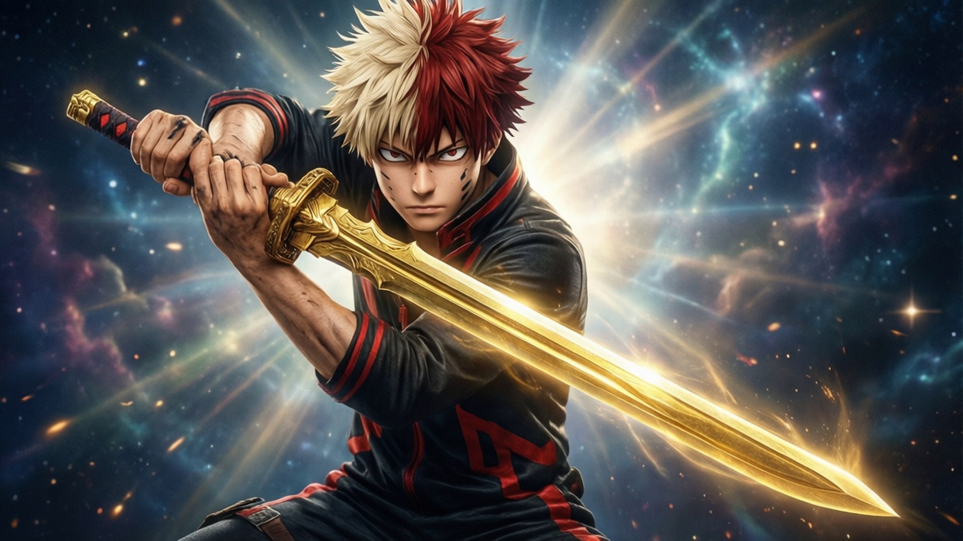 Bakugou the Golden Blade 壁紙 — 一個堅定的動漫戰士，紅白頭髮，握著一把發光的金色劍，背景是充滿活力的宇宙星雲。