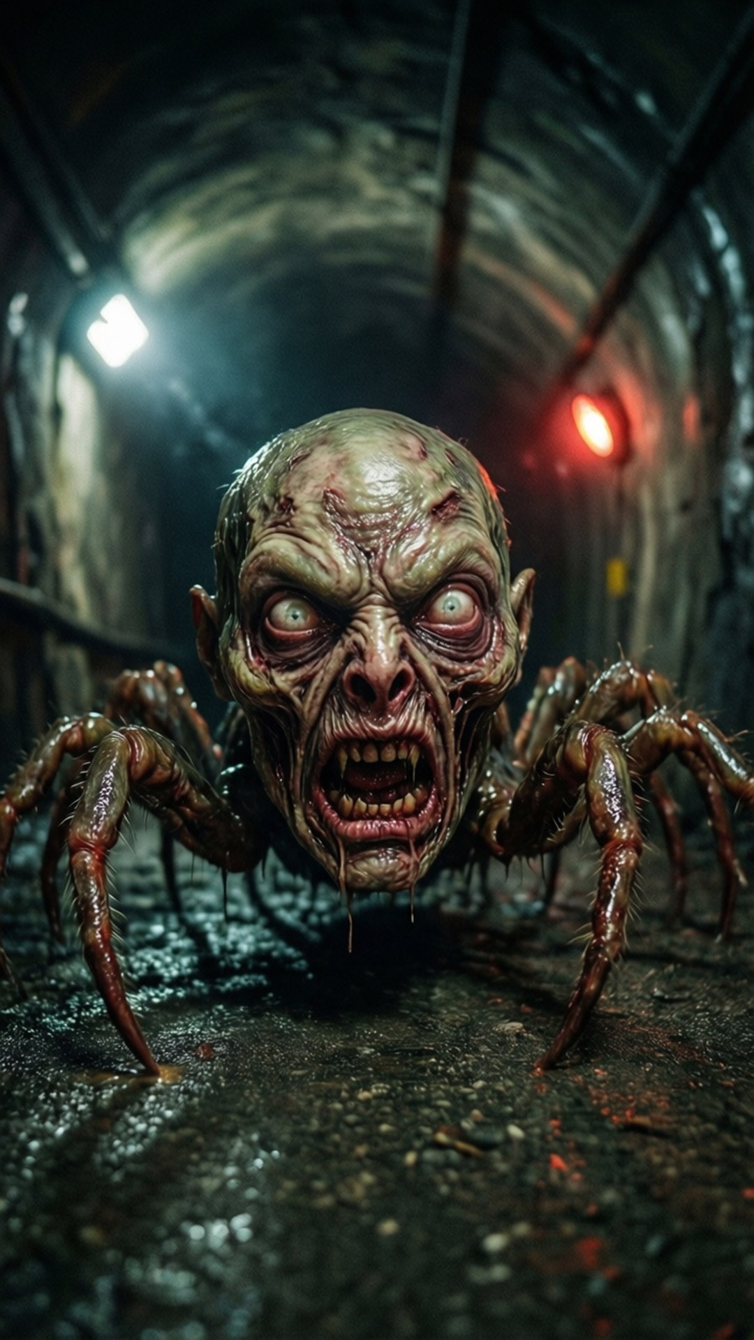 Tunnel Terror 壁紙 — 一個有著尖叫面孔的怪異人形蜘蛛，在一個由紅白燈光照亮的黑暗潮濕隧道中向觀眾爬來。