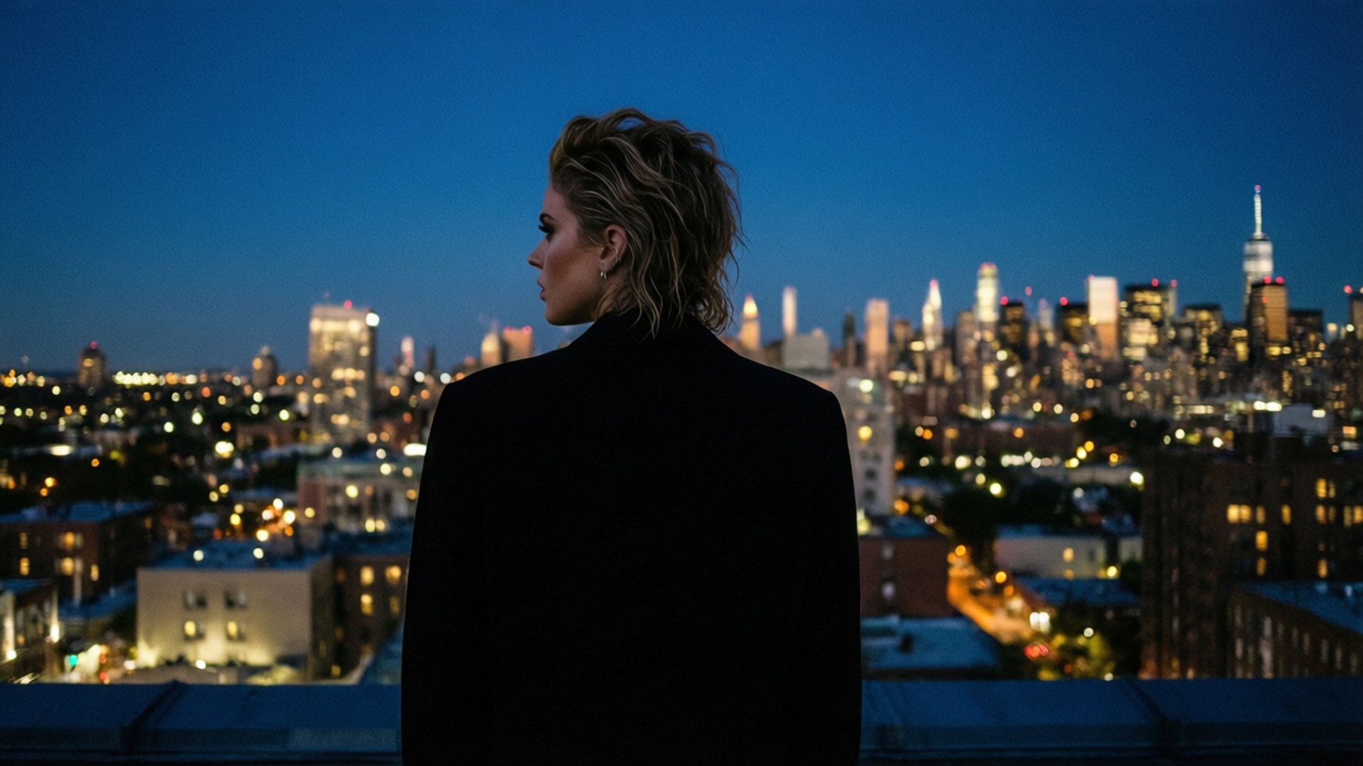 City Lights 壁紙 — 一個剪影中的女人在黃昏時站在屋頂上，俯瞰著一個充滿活力的城市景觀，閃爍著燈光。
