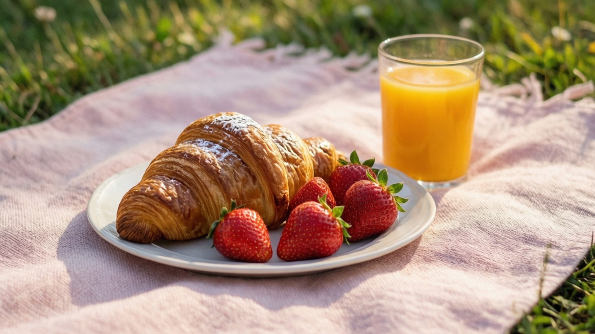 Picnic Breakfast 壁紙 — 一個金黃色的可頌和新鮮草莓放在盤子上，旁邊有一杯柳橙汁，放在陽光普照的草地上的一張粉紅色毯子上。