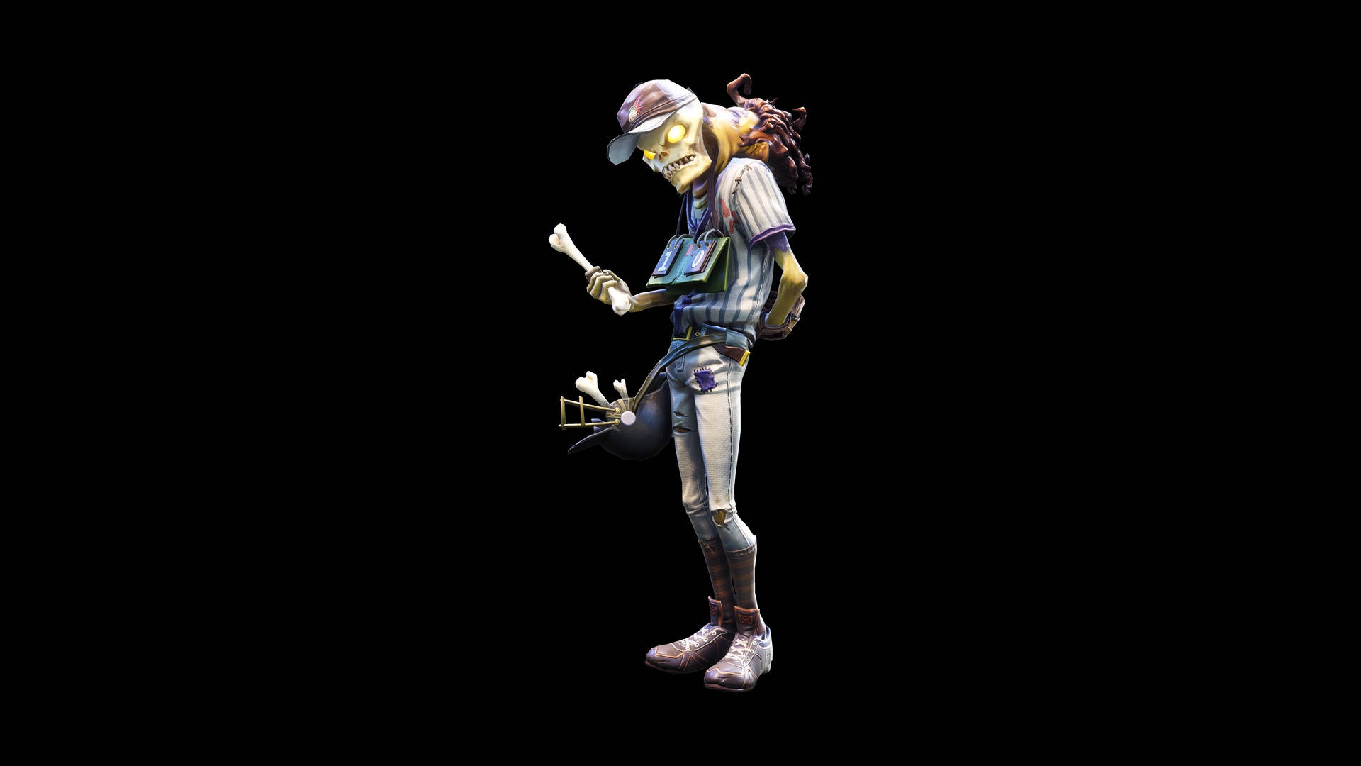 一個卡通風格的骷髏棒球運動員拿著骨頭球棒。 — Fortnite 壁紙