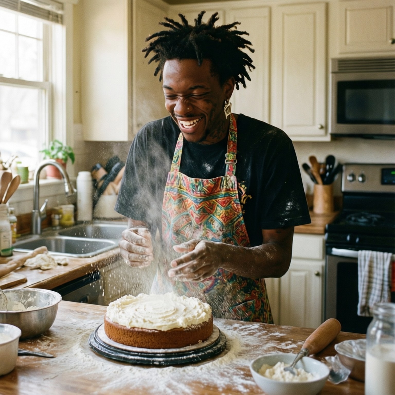 Baking Fun 壁紙 — 一個快樂的人留著辮子，在陽光明媚的廚房裡，一邊笑一邊將糖粉撒在糖霜蛋糕上。