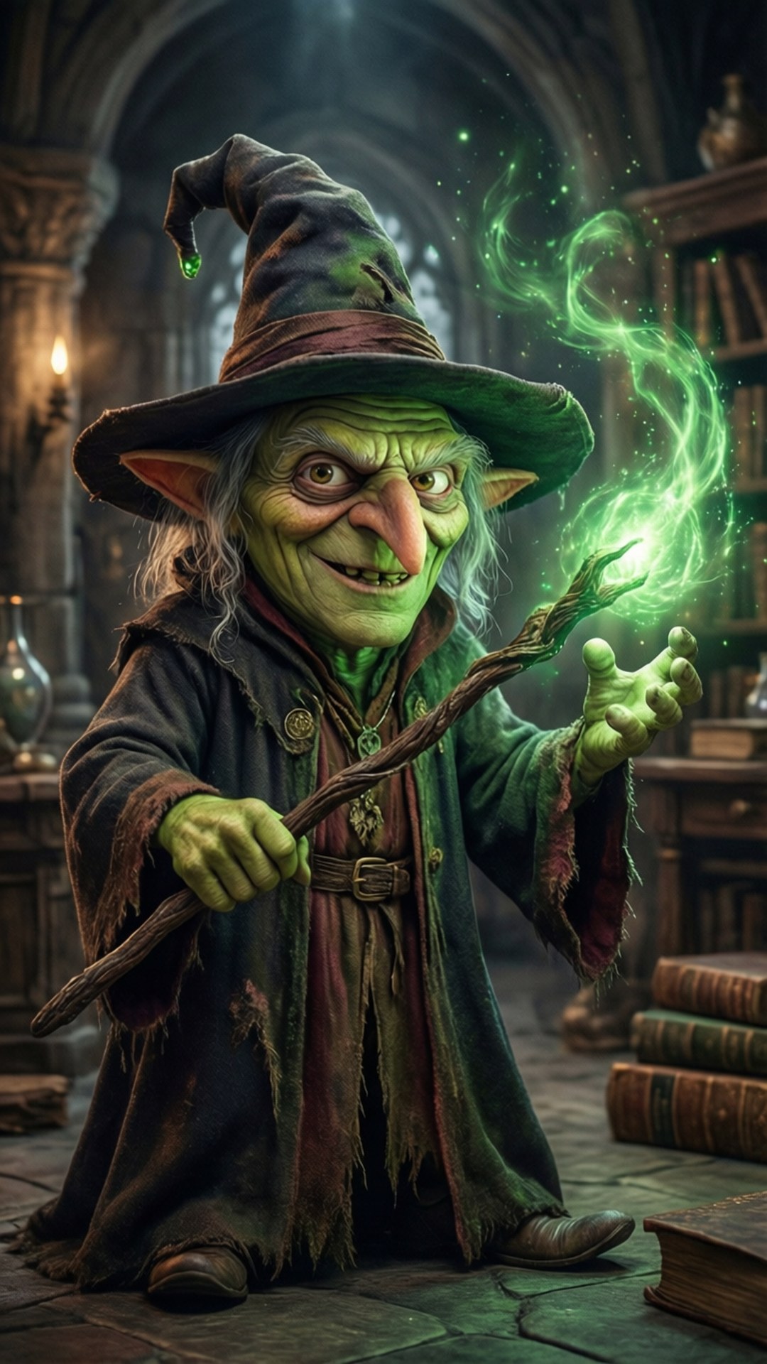 Wizard Minion 壁紙 — 一個咧嘴笑的綠色皮膚哥布林巫師，戴著破爛帽子，在燭光石圖書館中施展旋轉的綠色法術。