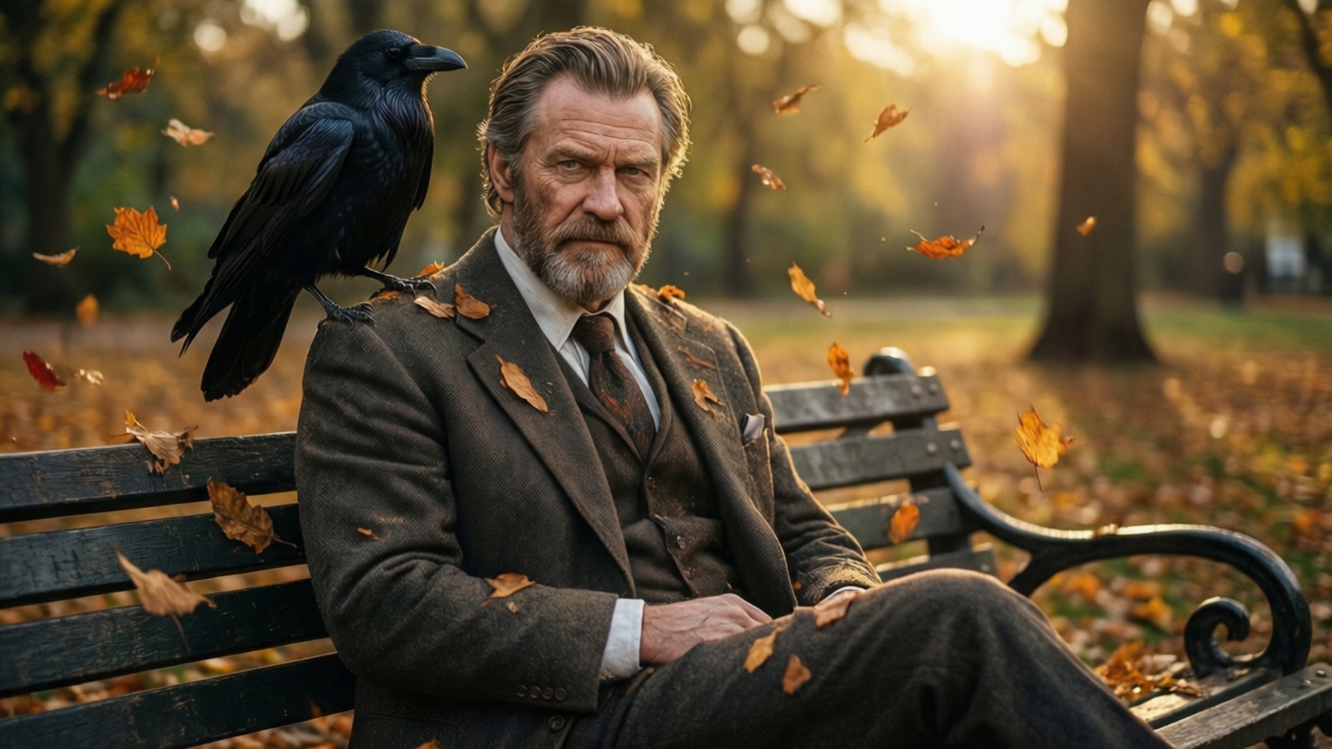 American Gods 桌布 壁紙 — 一個留鬍子的男人穿著棕色西裝坐在公園長椅上，秋葉在他周圍旋轉，一隻烏鴉棲息在他的肩膀上。