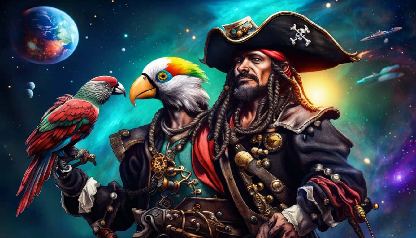  壁紙 — 一個留著辮子鬍鬚、戴著骷髏帽的海盜站在太空中，旁邊有兩隻色彩繽紛的鸚鵡，背景是宇宙中的行星和太空船。