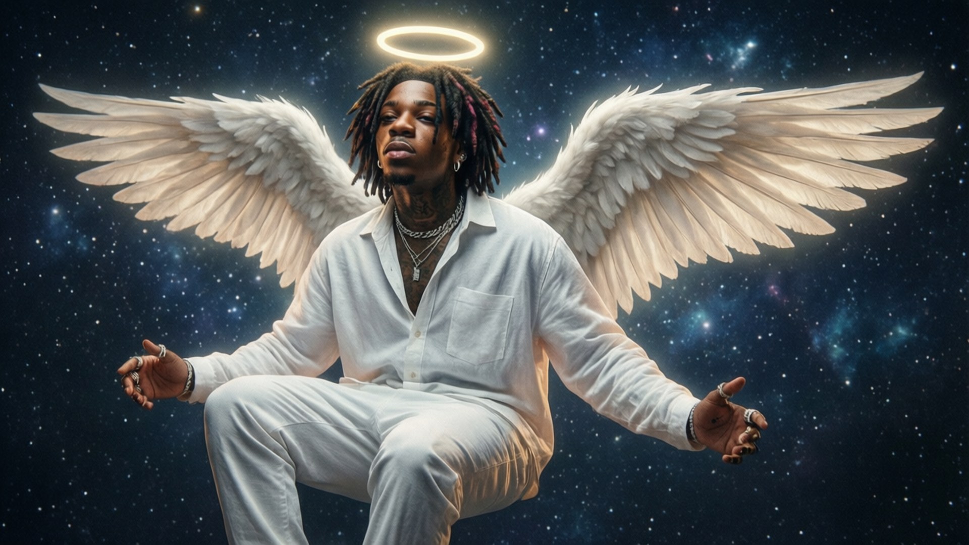 Angel of 1400 壁紙 — 一個留著辮子、長著天使翅膀的男人，在星光熠熠的宇宙背景下平靜地坐著，頭頂上方有一個發光的光環。