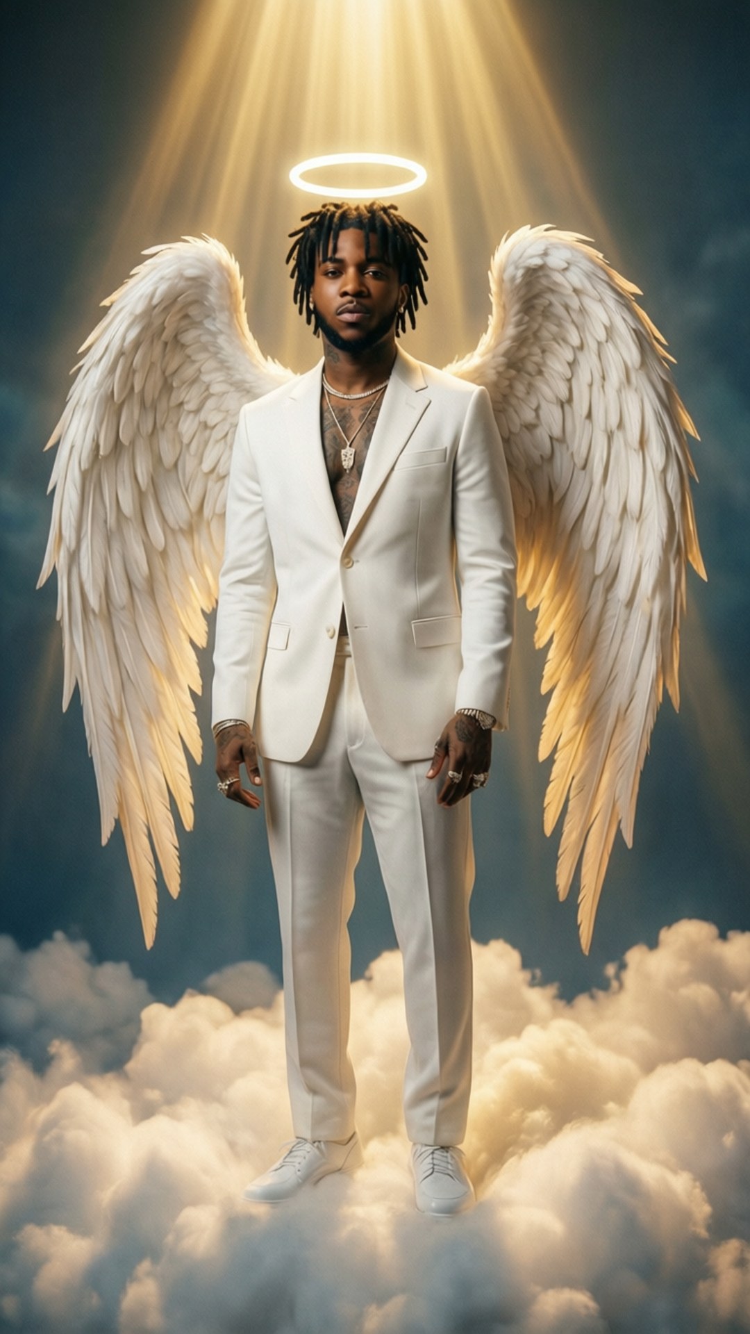 Angelic Ascension 壁紙 — 一個留著雷鬼辮的男人，身穿白色西裝，展開白色天使翅膀，站在蓬鬆的雲朵上，頭頂有發光的光環和神聖的光芒。